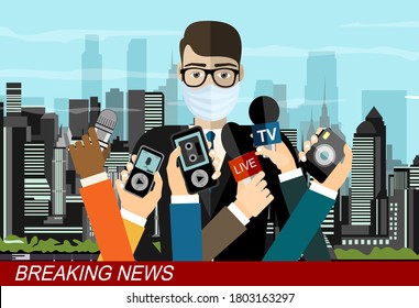 TV News Anchorman In Mask Reads World News About Covid-19 Coronavirus Ncov. Main News Reader On Television Program. Media, Journalism And Press. Flat Illustration