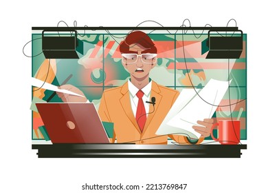 TV News Anchorman In Studio Vector Illustration. Main News Reader On Television Program, Media Industry Worker Flat Style Concept