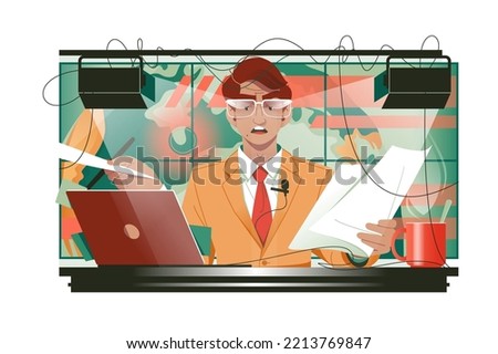TV news anchorman in studio vector illustration. Main news reader on television program, media industry worker flat style concept