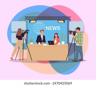 TV news anchors. Couple of newscasters, cameramen working in studio flat vector illustration. Broadcasting, media, daily news concept for banner, website design or landing web page