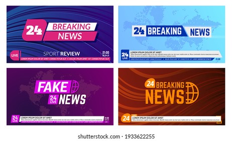 TV News Banners. Breaking News Banner Headline, Global News Report Backdrops. Television News Broadcasting Banners Vector Illustration Set. Title On World Map With Bottom Bar, Message Line