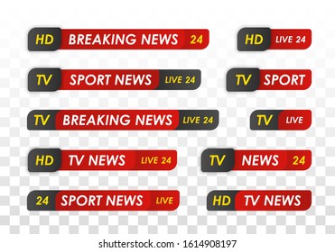 Tv news bar. Sport news. Live television broadcast, streaming show. Logos, news feeds, television, radio channels. Television broadcast media title banner. Vector illustration, EPS 10.