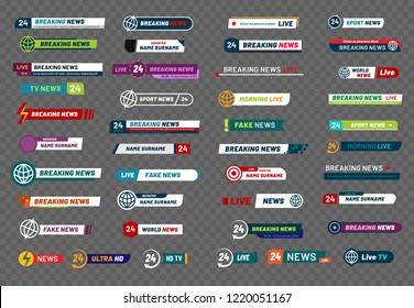 Tv News Bar. Television Broadcast Media Title Banner, Soccer Player Titles Or Football Sport Contemporary Show Interface. Breaking Or Fake News Display Isolated Vector Symbols Set