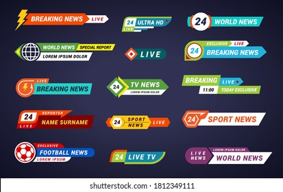 TV news bars set. Breaking, ultra HD, live, world, 24 hours, special report, today exclusive, sport, name surname reporter banners of lower third, strip titles. Vector collection isolated on blue.