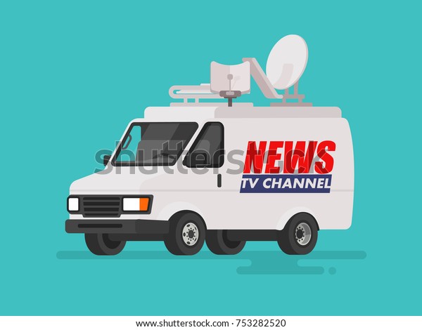 TV News  car with
equipment on the roof. Van on isolated background. Vector
illustration in a flat
style