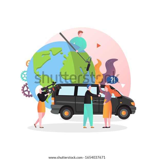 Tv news channel car van, journalist interviewing\
woman, shooting crew with camera and mic, vector illustration.\
Journalism, mass media, news broadcast, live hot breaking news\
concept for website page.