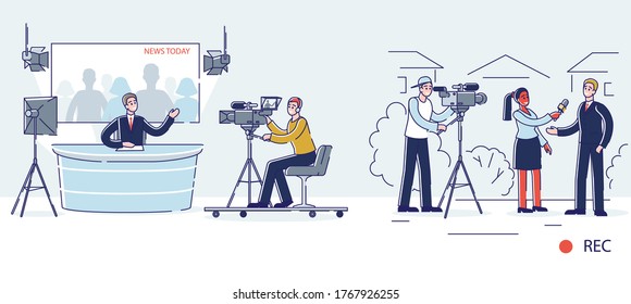 Tv News Crew. Studio Host, Reporter And Cameramen Working On Broadcast. Television Channel Team Workers Busy Broadcasting. Line Art Vector Illustration