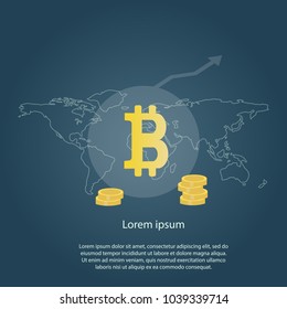 A TV news and heaps of gold bitcoin coins on a blue background. Vector golden coins illustration.
