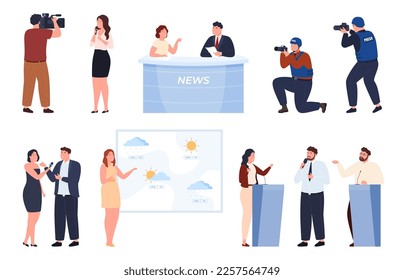Noticias de televisión, periodistas, presentadores de programas de noticias. Recopilación de noticias informativas en diversas situaciones. Ilustración del vector