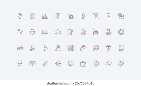 TV news, mass media publication and article in newspaper line icon set. Authors pen to write story and essay, microphone for video blog content thin black and red outline symbols vector illustration