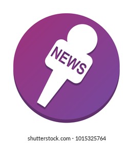 TV news microphone sign illustration. Vector. White icon with flat shadow on purpureus circle at white background. Isolated.