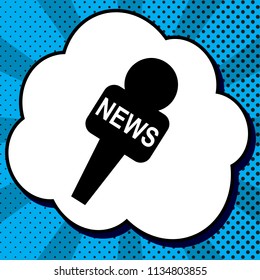 TV news microphone sign illustration. Vector. Black icon in bubble on blue pop-art background with rays.