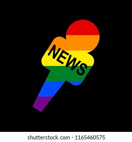 TV news microphone sign illustration. Vector. Icon with colors of LGBT flag at black background.