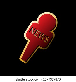 TV news microphone sign illustration. Vector. Red icon with small black and limitless shadows at golden sticker on black background.
