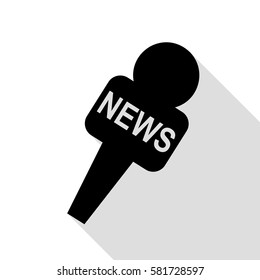 TV news microphone sign illustration. Black icon with flat style shadow path.