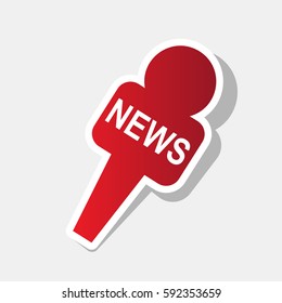 TV news microphone sign illustration. Vector. New year reddish icon with outside stroke and gray shadow on light gray background.