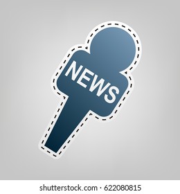 TV news microphone sign illustration. Vector. Blue icon with outline for cutting out at gray background.