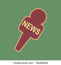 TV news microphone sign illustration. Vector. Cordovan icon and mellow apricot halo with light khaki filled space at russian green background.