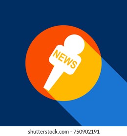 TV news microphone sign illustration. Vector. White icon on tangelo circle with infinite shadow of light at cool black background. Selective yellow and bright navy blue are produced.