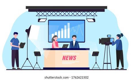 TV news show. Stage and backstage of studio filming with newscasters and camera crew. Vector illustration for reportage, news makers, broadcasting concept