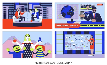 TV news and shows cartoon flat illustrations set. Puppets, weather girl, anchorman 2D characters colorful backgrounds. Television broadcasting programs scenes vector storytelling images collection