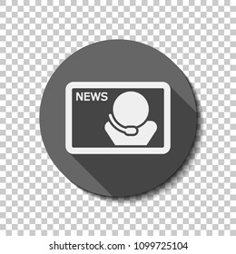 TV news with speaker. flat icon, long shadow, circle, transparent grid. Badge or sticker style