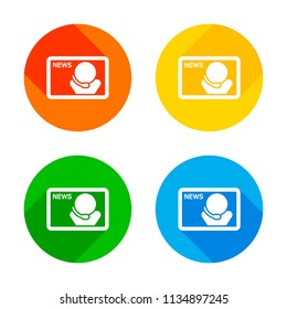 TV news with speaker. Flat white icon on colored circles background. Four different long shadows in each corners