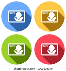 TV news with speaker. Set of white icons with long shadow on blue, orange, green and red colored circles. Sticker style