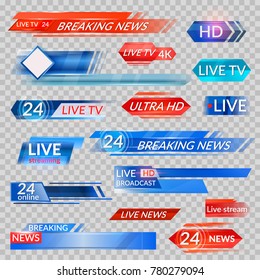 Tv news and streaming video banners. Live, hd, 24 hours online display advertisements, commercials that appear before news or programmers. Vector flat style tv banners cartoon illustration