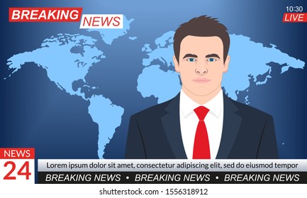 TV news studio. Breaking news background with anchorman or presenter. Television program template. Vector illustration. 