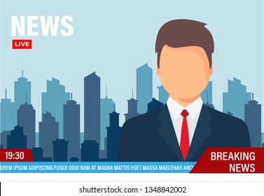 TV news studio with broadcaster. News Anchor on TV. Vector Illustration in flat design
