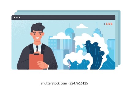 TV news studio concept. Man with notepad on background of flood. Information and knowledge. Catastrophe and natural disaster in city. Big waves and skyscrapers. Cartoon flat vector illustration