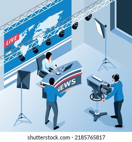 Tv news studio interior scene with anchorwoman and cameraman with camcorder 3d isometric vector illustration