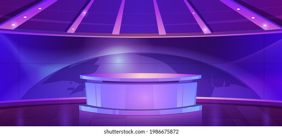 Tv news studio, television broadcast set room with round table and blue screen with world map. Vector cartoon illustration of video channel studio interior with newscaster desk