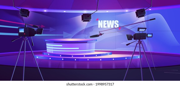 Tv news studio, television broadcast room interior with round table and earth globe on screen. Video channel studio with newscaster desk, lighting equipment and camera, Cartoon vector illustration - Shutterstock ID 1998957317