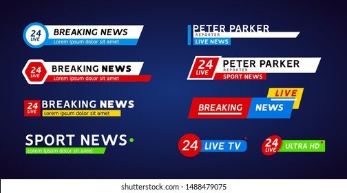 TV news third lower bar banner for broadcast sport. Set of tv bars video and text television template.