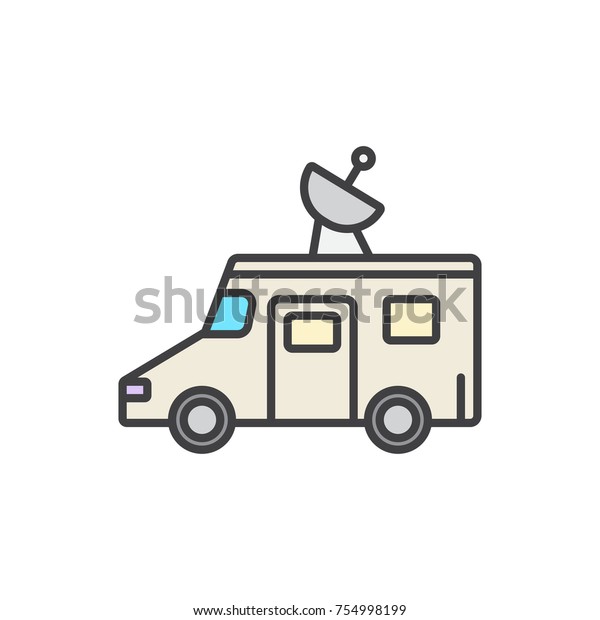 Tv\
news truck with satellite dish flat line colored\
icon.
