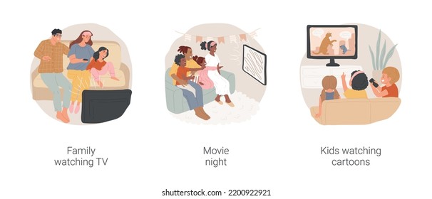 TV Night Isolated Cartoon Vector Illustration Set. Family Watching TV, Sitting On A Sofa, Movie Night, Spending Leisure Time Together, Kids Watching Cartoons, Home Entertainment Vector Cartoon.