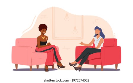 Tv Night Show with Guest. Elegant Female Celebrity Character Giving Interview to Television Presenter in Broadcasting Studio, Journalist Asking Famous Woman Host. Cartoon People Vector Illustration