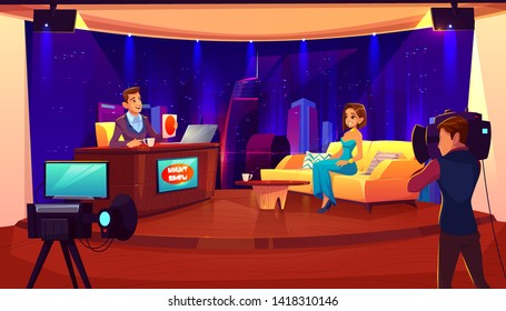 Tv Night Show With Guest. Female Celebrity Giving Interview To Television Presenter In Broadcasting Studio, Cameraman, Video Camera Shooting Crew, Stage, Light Equipment. Cartoon Vector Illustration