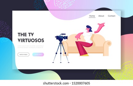 Tv Night Show with Guest Website Landing Page. Woman Celebrity Sitting on Couch in Broadcasting Studio with Camera Giving Interview on Television Web Page Banner. Cartoon Flat Vector Illustration