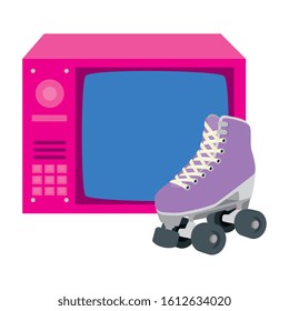tv of nineties retro with roller skates isolated icon vector illustration design