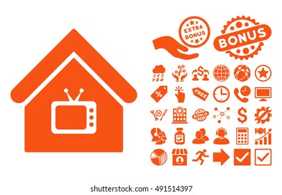 Tv Office icon with bonus pictograph collection. Vector illustration style is flat iconic symbols, orange color, white background.