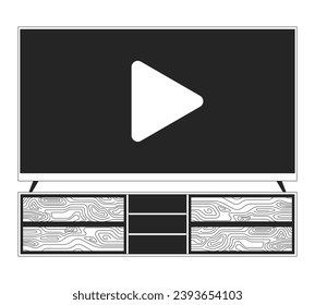 Tv en la mesa de la consola blanco y negro objeto de caricatura de línea 2D. Televisión de pie en el armario de almacenamiento de medios elemento aislado de contorno vectorial. Ilustración de punto plano monocromática de la plataforma de streaming