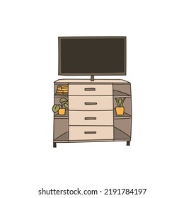 TV on dresser colorful doodle illustration in vector. TV on cupboard colorful doodle illustration. Drawer with TV colorful icon.