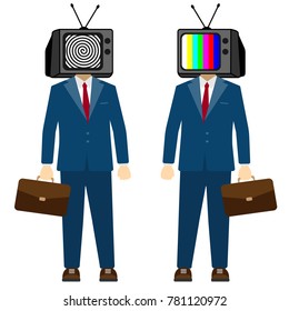 TV on head man. Television propaganda, fake news. Businessman character, vector.