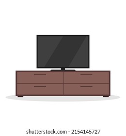 La televisión en el estrado está aislada en blanco. Una moderna estantería de madera con televisión plana. Ilustración del vector 