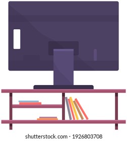 TV on stand. Wooden shelf for TV vector illustration. Living room interior design element big table with television set, wooden furniture flat style. Televisor is on table, monitor and books on shelf