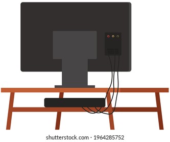 TV On Stand. Wooden Shelf For Television Vector Illustration. Living Room Interior Design Element Big Table With Television Set, Furniture Flat Style. Televisor On Table, Monitor On Shelf Back View