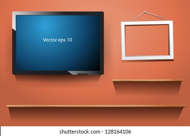 tv on wall, with wood shelf, white photo frame, Vector illustration